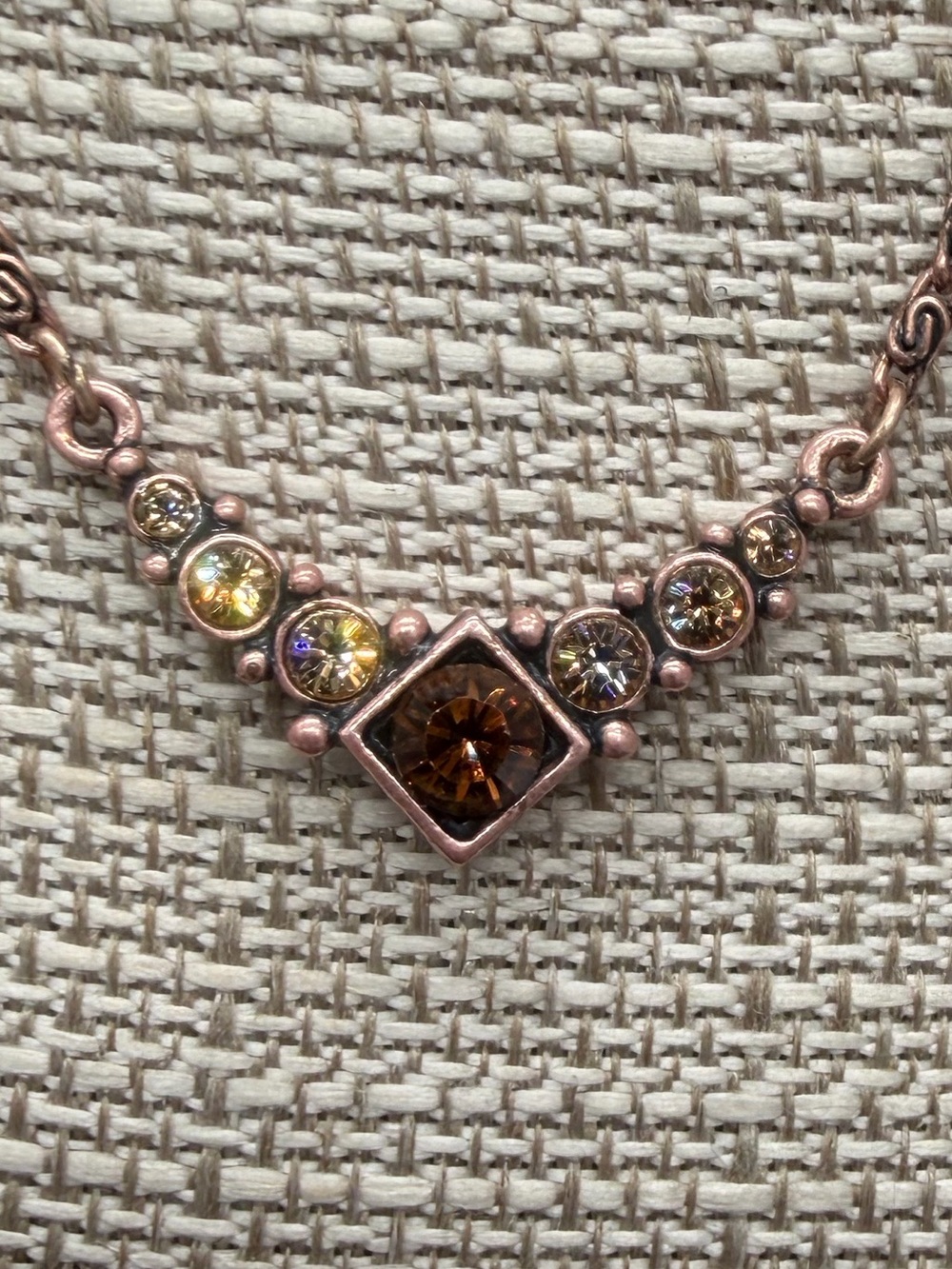 Vintage 1928 Brand Copper Tone Amber Topaz Rhinestone V-Neck Necklace